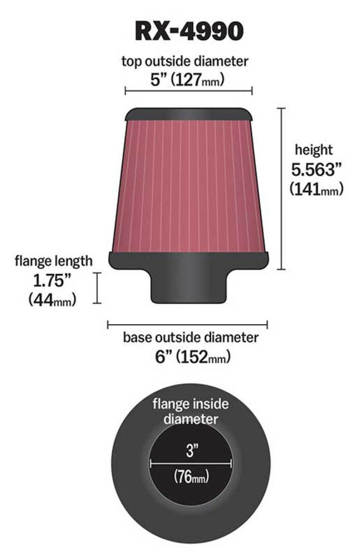 K&N Filter Universal X Stream Clamp-On 3 inch Flange 6 inch Base  5 inch Top 5 9/16 inch Height