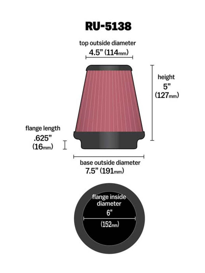 K&N Universal Clamp-On Air Filter 6in FLG / 7-1/2in B / 4-1/2in T / 5in H