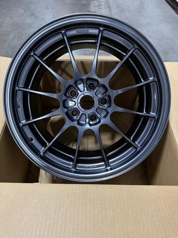 Enkei NT03+M 18x9.5 5x114.3 27mm Offset 72.6mm Bore Gunmetal Wheel - Attacking the Clock Racing