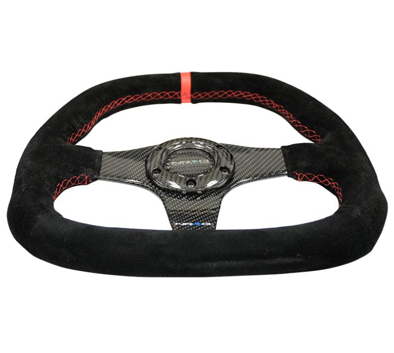 NRG Carbon Fiber Steering Wheel (320mm) Flat Btm. Blk Suede/Red Stitch w/CF Spokes & Red Center Mark - Attacking the Clock Racing